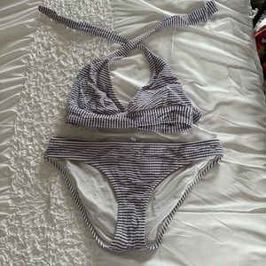 J. Crew purple and white stripe bathing suit